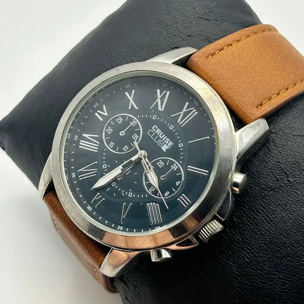 Cruise Club Men’s Chronograph Brown Leather Watch Working New Battery